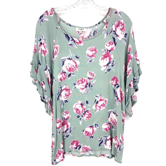Umgee Floral Pink Rose Print Ruffle Sleeve Blouse Size Medium - Picture 1 of 6